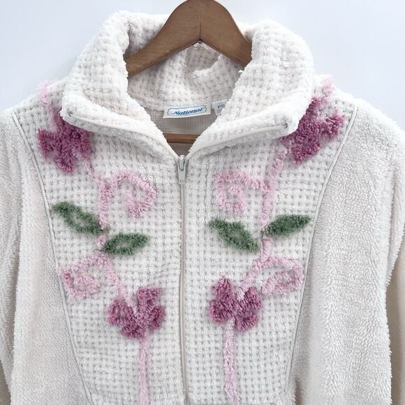 Vintage National Ivory Chenille Half Zip Bathrobe Womens PS Petite Small - Picture 4 of 8